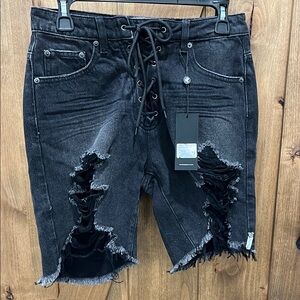 One Teaspoon Sample Black Distressed Jean Shorts with Frayed Hem and Tie Front